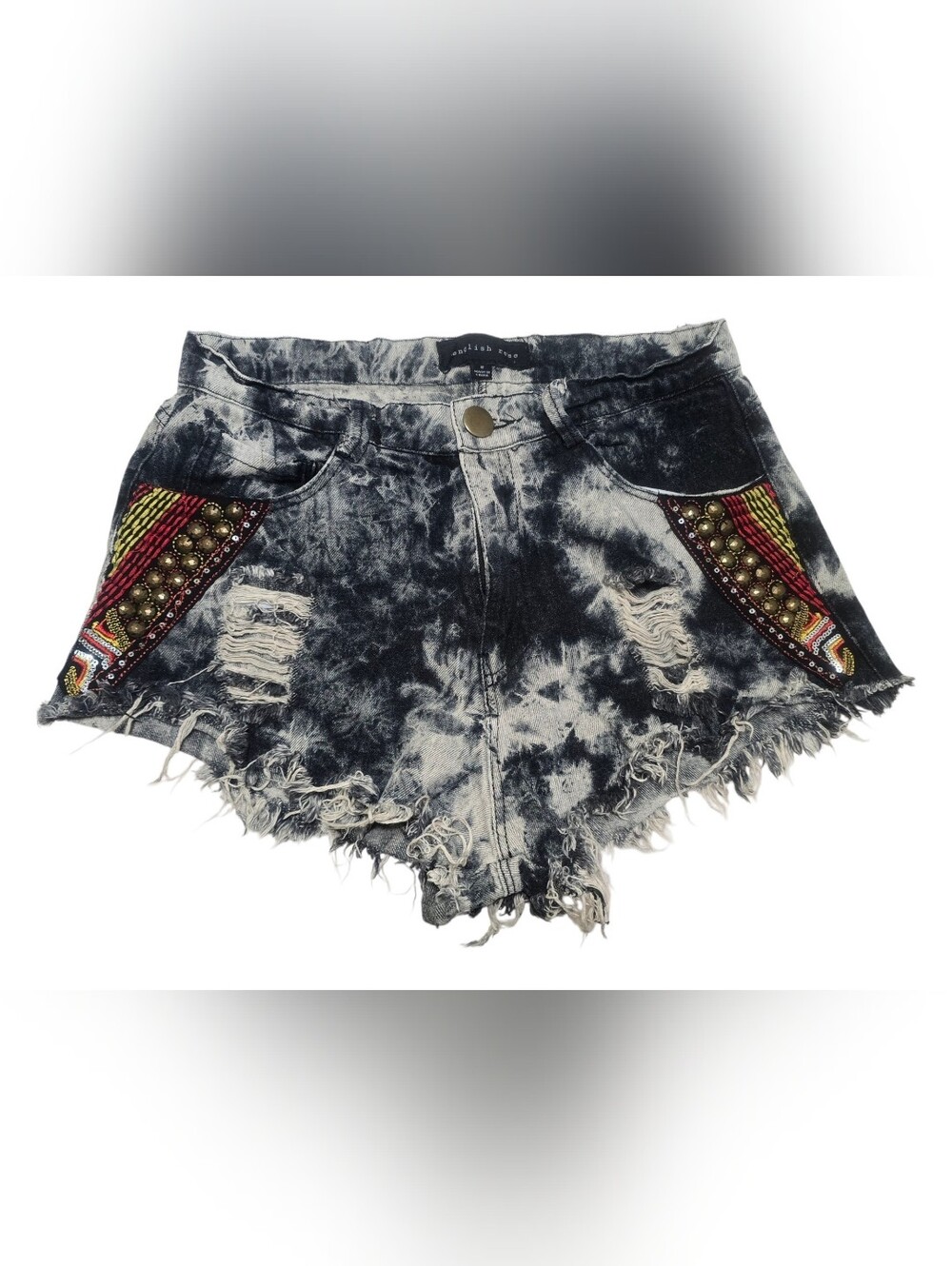 English Rose Acid Wash Embellished Denim Shorts Studded Distressed Fringe XS